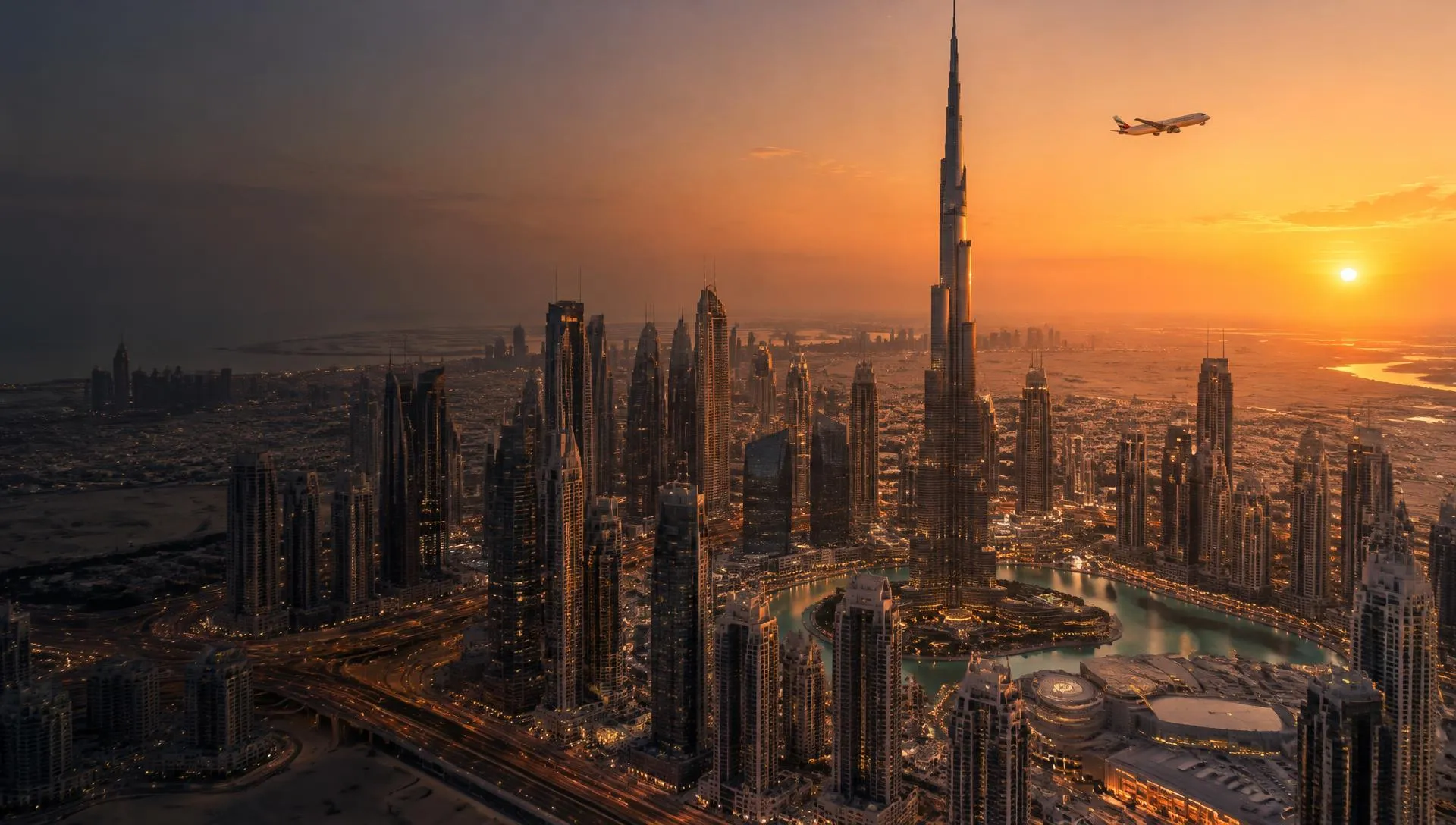 Dubai skyline and Burj Khalifa at sunset